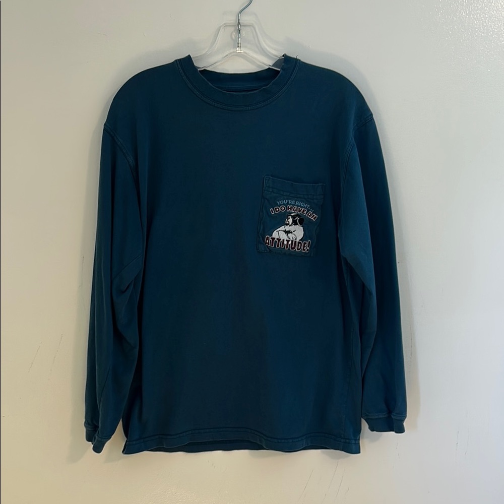 VTG Big Dogs Attitude Pocket Long Sleeve Shirt Navy Blue Embroidered Logo Sz Sm